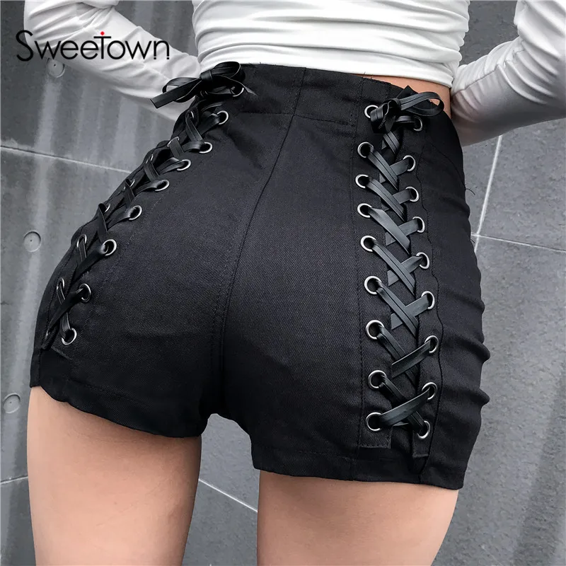 Sweet own noir Slim gothique taille haute Shorts femmes chaud été 2019 Streetwear décontracté Punk Style Hip criss-cross Bandage Shorts