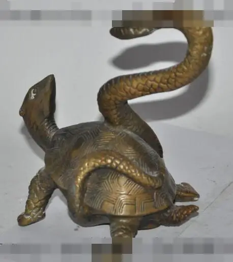 

S1839 Folk Chinese Bronze FengShui Snake Ride Longevity Shou Turtle Tortoise Statue