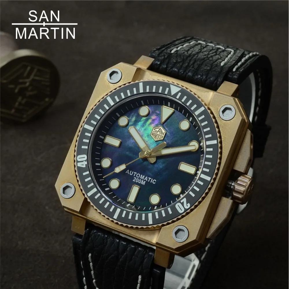 Новые мужские бронзовые автоматические часы San Martin Водонепроницаемость 200 м