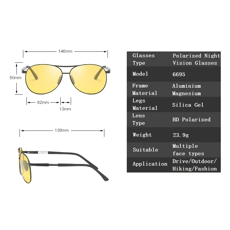 YSO очки ночного видения мужские алюминиевые магниевые поляризованные очки ночного видения для вождения автомобиля антибликовые очки 6695