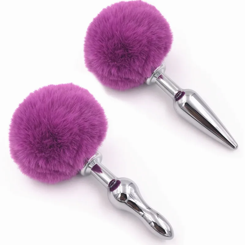 Anal Plug Bead Purple Rabbit Tail Stainless Steel Butt Plug Anus Insert 