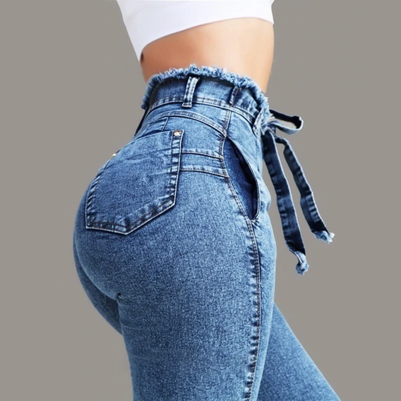 

2019 Spring Autumn High Waist Jeans Femme Ladies Casual Full Length Pencil Pants Women Fashion Slim Solid Drawstring Trousers