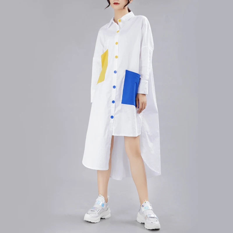  [EAM] 2020 New Spring Autumn Lapel Long Sleeve Panelled Button Pocket Split Loose Big Size Shirt Wo