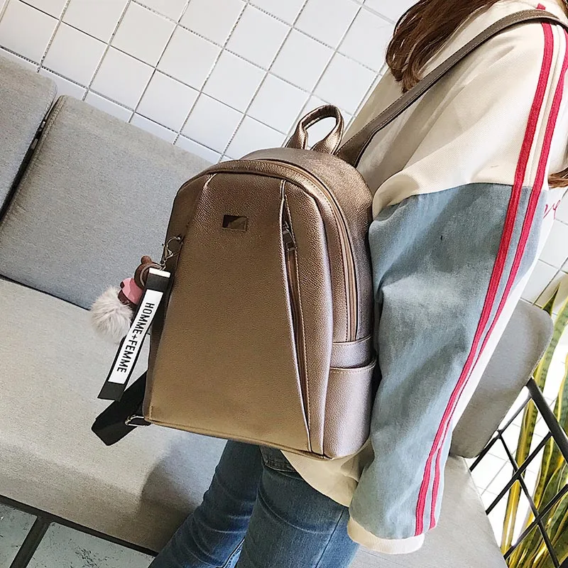 

Fashion Gold Leather Backpack Women Black Vintage Large Bag For Female Teenage Girls School Solid Backpacks mochila XA56H