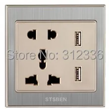 Международный стандарт 5 отверстий настенная розетка мощность многофункциональная розетка шампанское золото USB розетка 2100mA