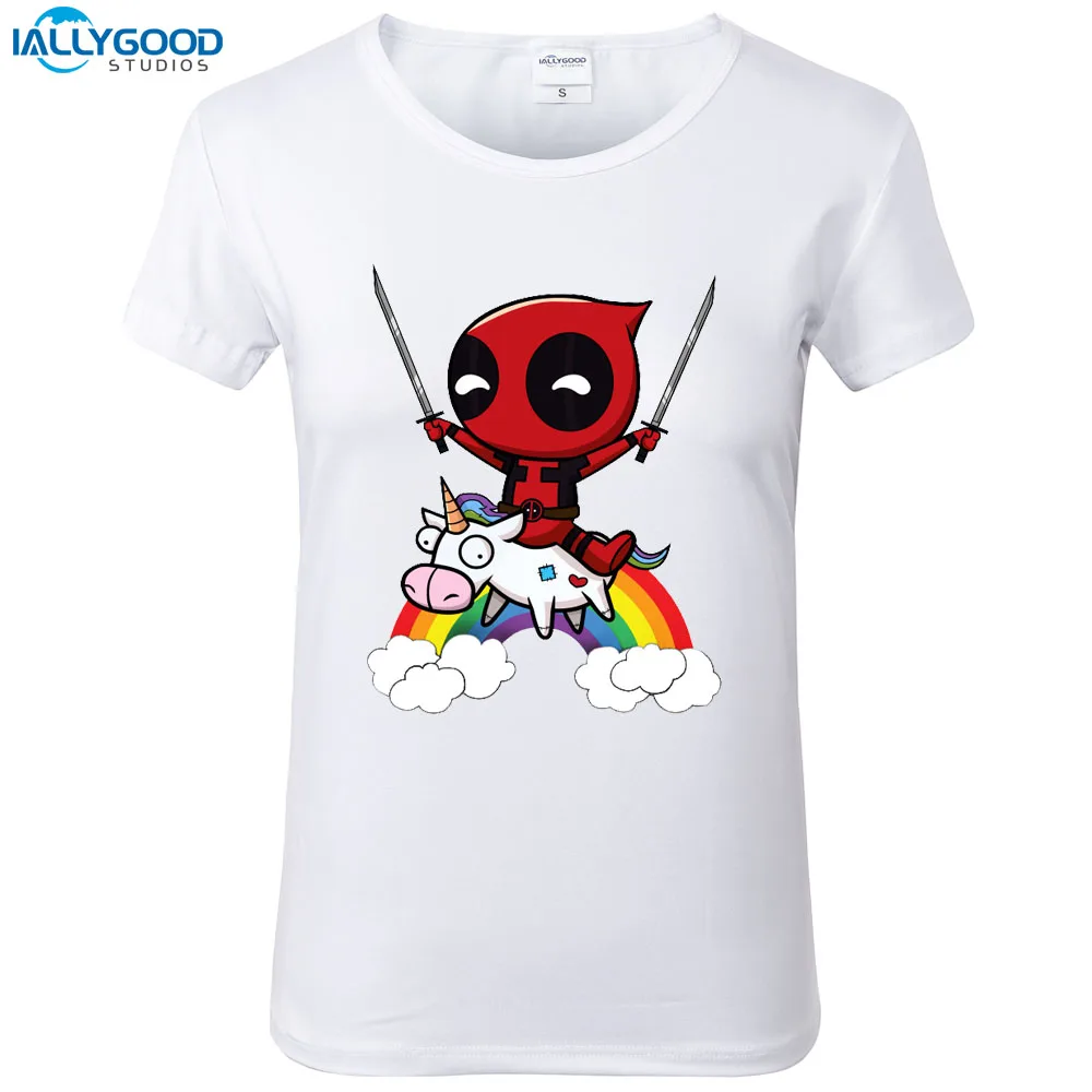 

Summer Funny Deadpool Riding a Unicorn T-Shirt Women Cute Cartoon Printed Tshirt Soft Short Sleeve Women White Tops S1554