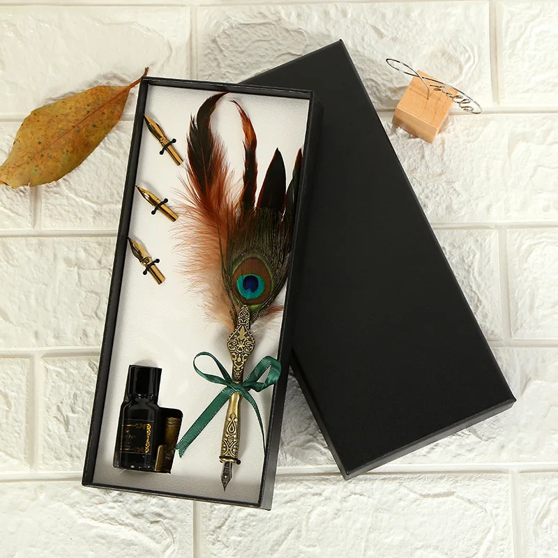 

Vintage Peacock Feather Pen Student Writing Dip ink pen Calligraphy Fountain Pen Set Metal Quill Business gift Office Supplies