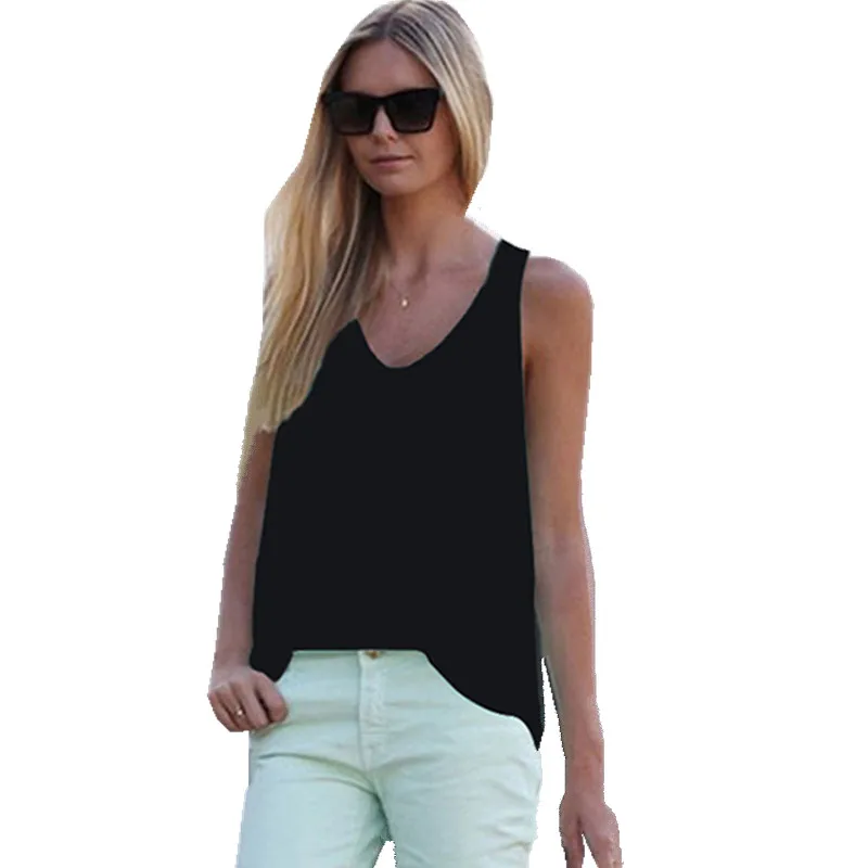 

2019 Summer Sleeveless Top Woman Chiffon Camisole Mujer Roupas Feminina V Neck Loose Strappy Tshirt Tank Top 6 Color B1031