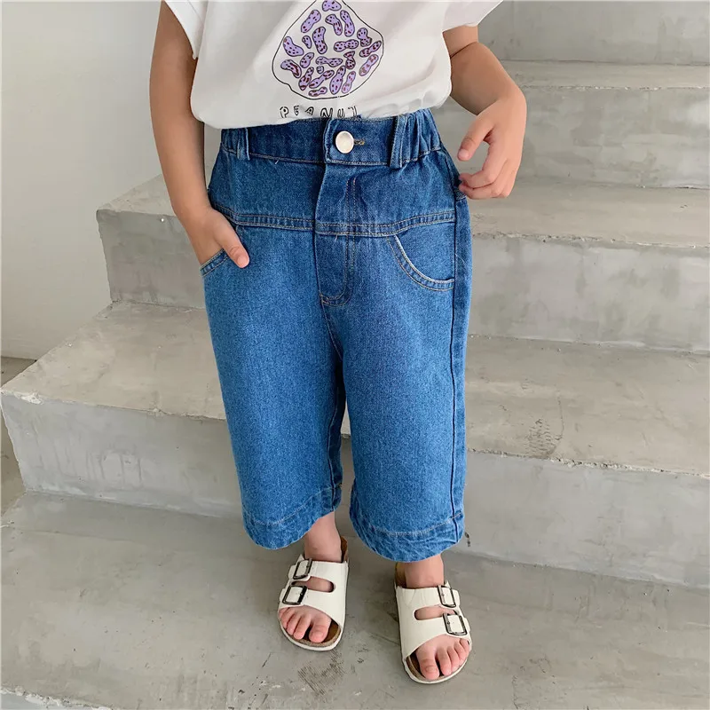 

2019 Summer New Arrival korean style cotton pure color casual loose jeans ninth pants for fashion cute baby girls and boys