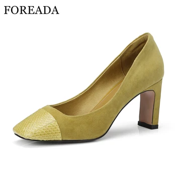

FOREADA Genuine Leather Shoes Women Snake Skin Suede Shoes Pumps High Heels Party Shoes Square Toe Slip On Pumps Yellow Black