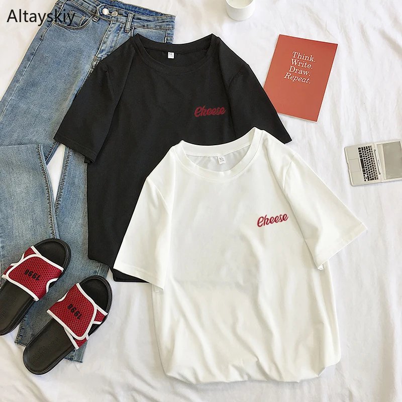 

T-shirts Women Letters Trendy Elegant 2019 All-match High-quality Korean Style Loose Leisure Daily Womens Female Lovely Simple