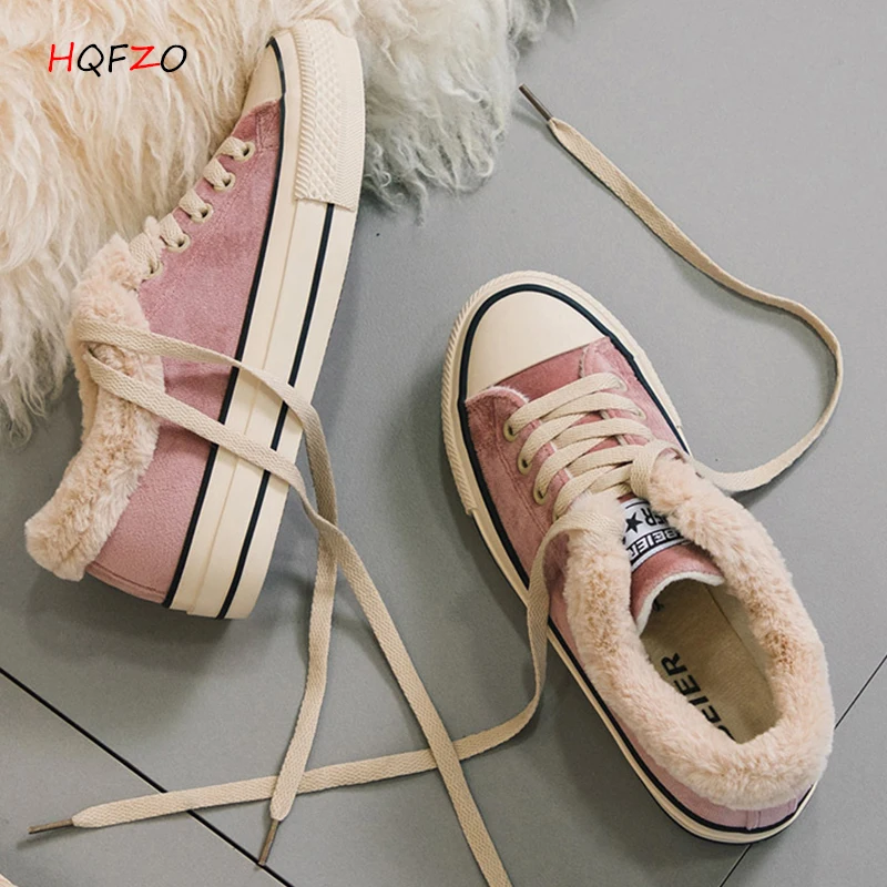 

HQFZO casual fashion Women's winter shoes plush shallow keep warm fur sneakers suede flats snow boots student shoes women mujer