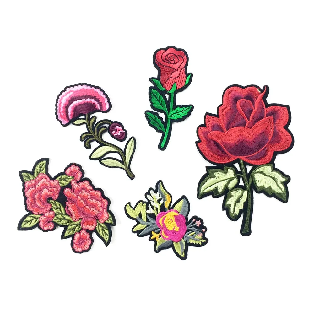 Embroidered Iron On Rose Flower Patches For Clothing Embroidery Flower Appliques For Garment