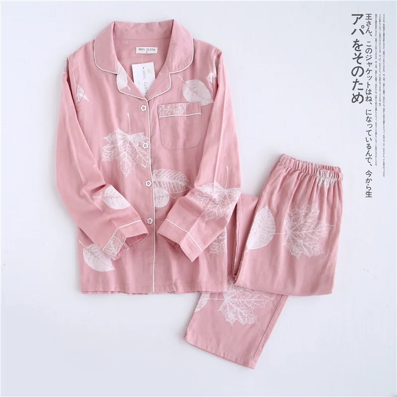 Свежий кленовый лист, пижамные комплекты для женщин, марля, хлопок, длинный рукав, повседневная одежда для сна, женская пижама, пижама para mujer - Цвет: pink