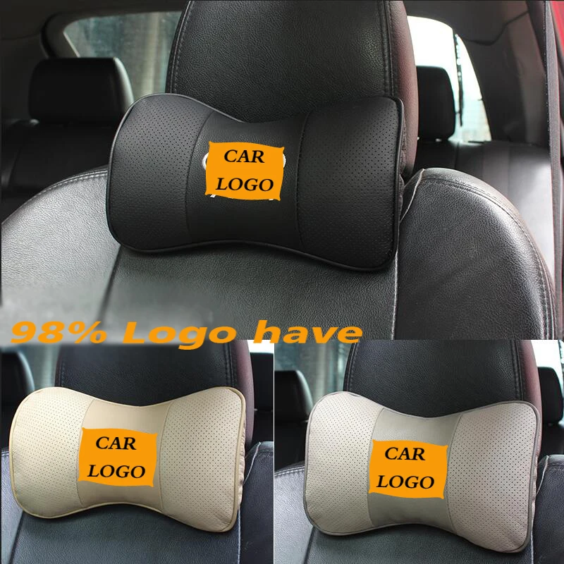 

Car neck pillow Auto logo Genuine leather seat headrest car rest cushion for kia for vw for bmw for benz skoda Car-Styling 1Pair