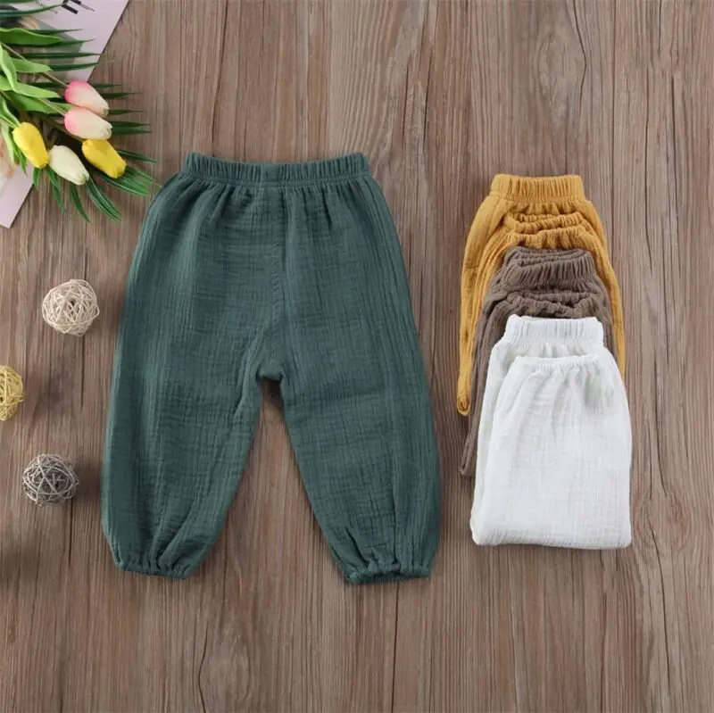 Brand Toddler Kids Baby Boy Girl Wrinkle Cotton Linen Bloomers Pants Solid Soft Loose Long Trousers Leggings Casual Pants