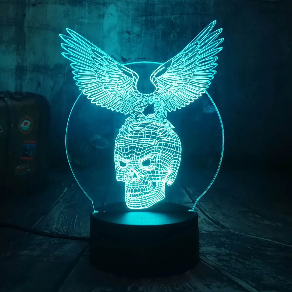 Cool Novelty Skull Eagle Wings 3D LED Night Light RGB 7 Colors Remote Control USB Multicolor Desk L