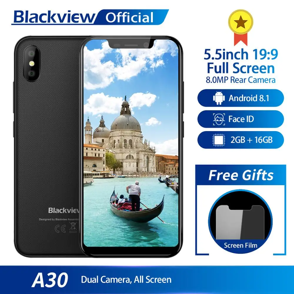 Blackview A30 смартфон 5,5 дюйма 19:9 полный Экран MTK6580A 4 ядра 2 ГБ+ 16 ГБ Android 8,1 Dual SIM 3g face ID мобильного телефона