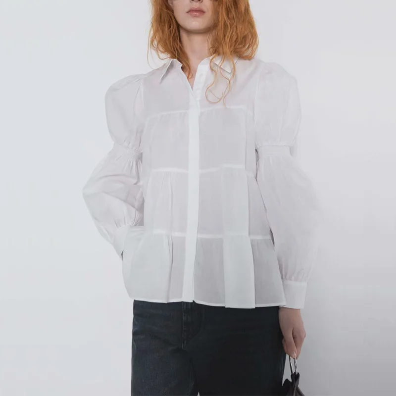 

Female summer solid color lapel long-sleeved shirt casual shirt pleats decoration