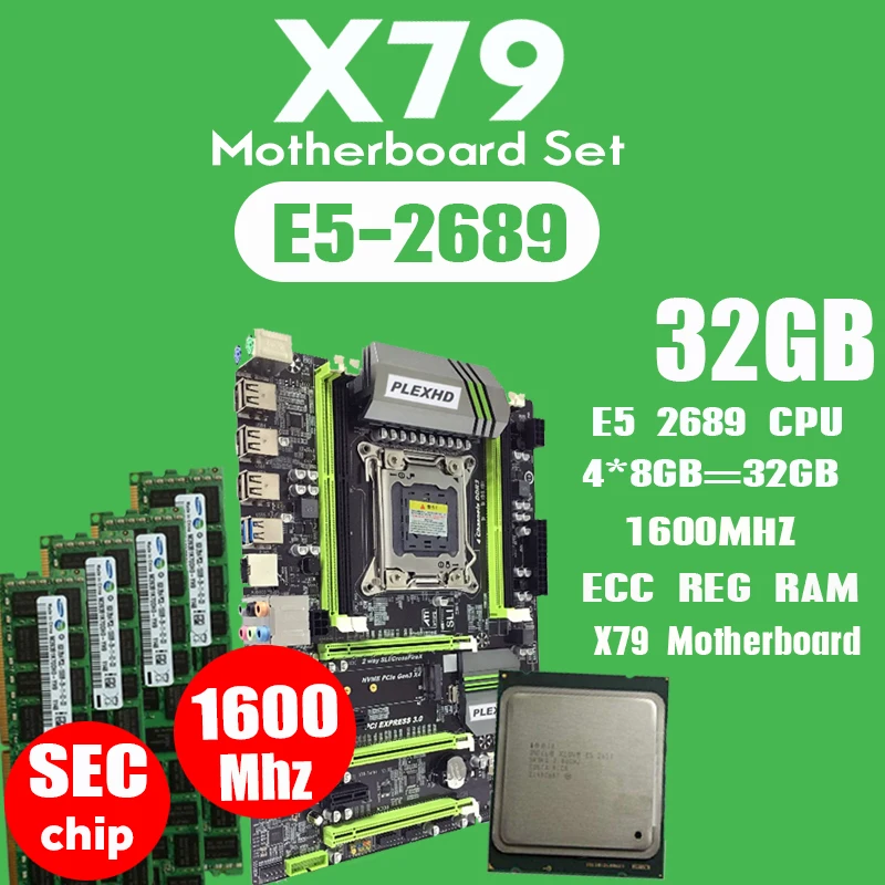PLEXHD X79 Turbo motherboard LGA2011 ATX combos E5 2689 CPU 4pcs x 8GB = 32GB DDR3 RAM 1600Mhz PC3 12800R PCI-E NVME M.2 SSD