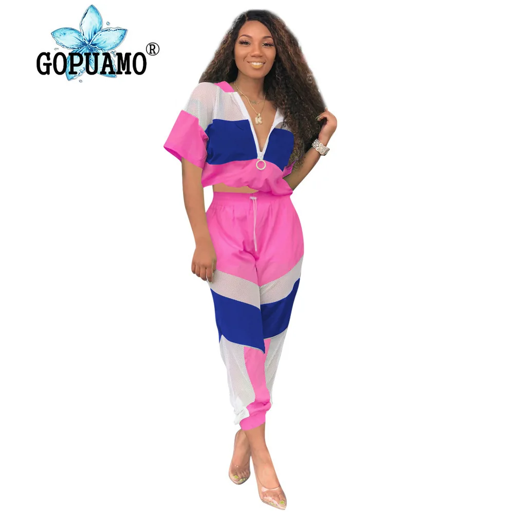 

Sheer Mesh Patchwork Sexy 2 Piece Tracksuits Women Front Zipper Hooded Loose Crop Top And Long Pants Casual Sweat Suit Outfits