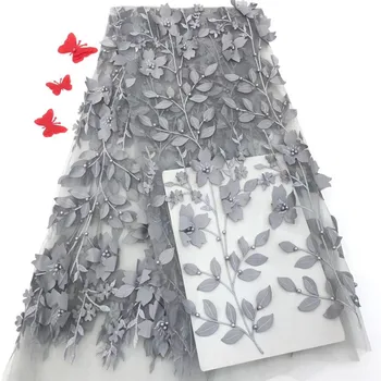 

High Quality Imported Wholesale 100%Polyester African 3d leaves Tulle Lace French Net Beads Lace Fabric For Wedding grey black