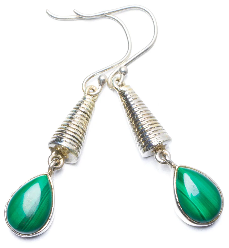 

Natural Malachite Handmade Unique 925 Sterling Silver Earrings 1.75" Y0570