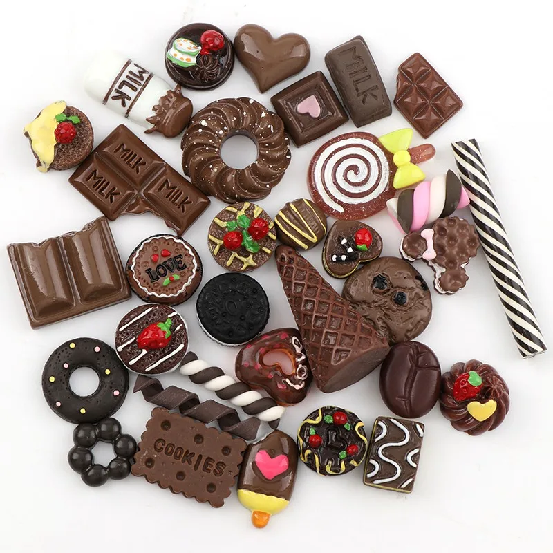 

Mix Designs 20pcs Chocolate Color Dessert Cartoon DIY Resin Flatback Cabochon Lucky Bag DIY Phone Case Beauty