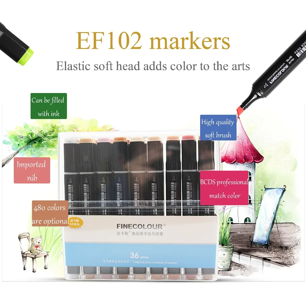 Finecolour EF102 цветные скетч маркеры Двойные мягкие кисти профессиональные