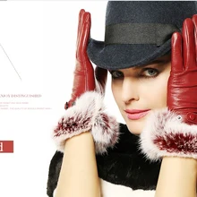 Новые роскошные итальянские мягкие кожаные перчатки Наппа для женщин с кроличьими манжетами красные коричневые черные 1 пара/лот