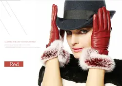 Новые роскошные итальянские мягкой кожи наппа Перчатки Для женщин с 100% кролик манжеты перчатки Красный коричневый, черный 1 пара/лот