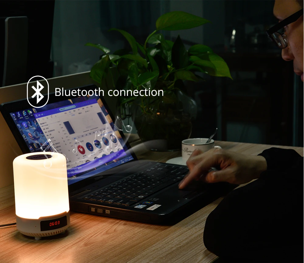 Перезаряжаемые Красочный светодиодный Ночной светильник Bluetooth Динамик Беспроводной настольная лампа для спальни ночники может установить сигнал тревоги