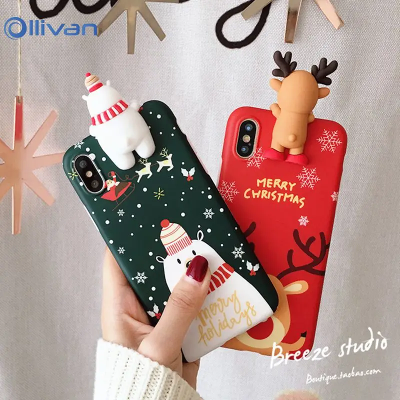 

OLLIVAN Phone Case For iPhone 6 6S 7 8 Plus X XS XR XS Max 3D Cute Cartoon Christmas elk Snowman Cover For iPhone Xr 6 Soft Case