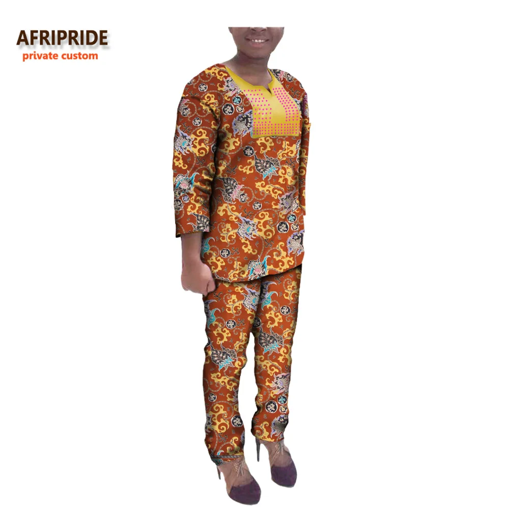 Осень в африканском стиле; повседневный комплект для женщин AFRIPRIDE женские туфли-лодочки, с круглым вырезом, топ с алмазным узором+ длиной до щиколотки, Костюм со штанами плюс размер A722626