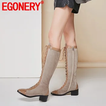 

EGONERY fashion women winter lace up knee length boots 5 cm heel plus size side zipper shoes ladies leather dress office booties