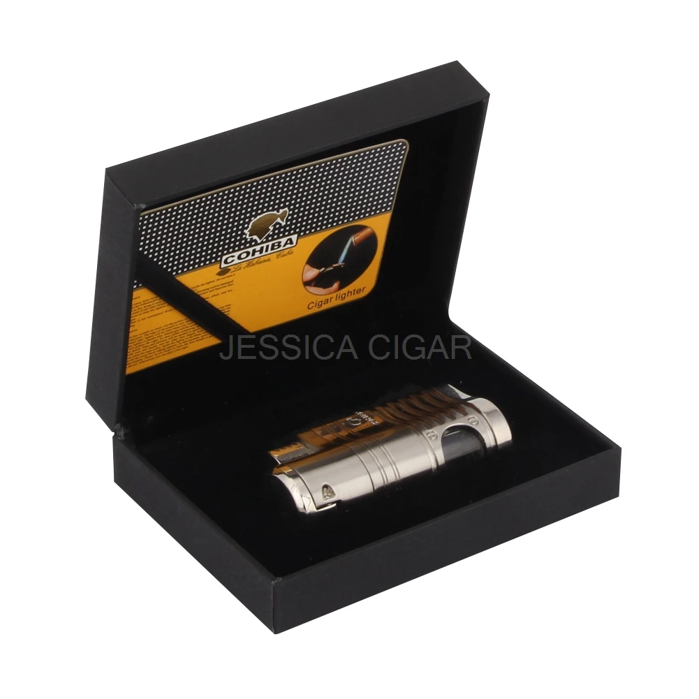 COHIBA карманные зажигалки, портативные металлические ветрозащитные 4 синих пламени, огонь, струйный фонарь, сигарета, зажигалка, курительная, Encededor, газовая