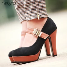 

Figraton Shoes Women Pumps Autumn High Heels Fashion Flock Round Toe Formal Hook Loop Square Basic Platform