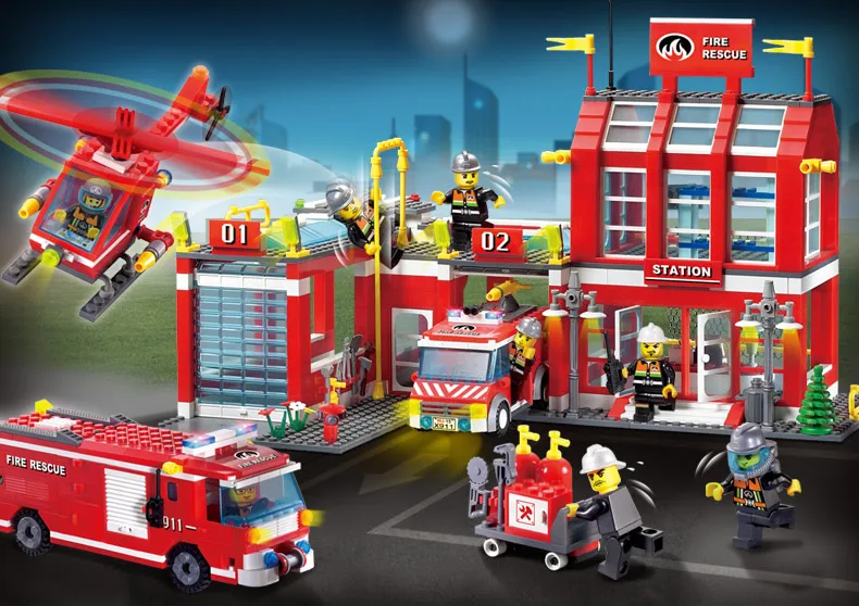 Просвещения Building Block пожарных аварийно-пожарного штаб-квартира 8 пожарные 970 шт. Развивающие игрушки Кирпичи мальчик подарок-без коробки