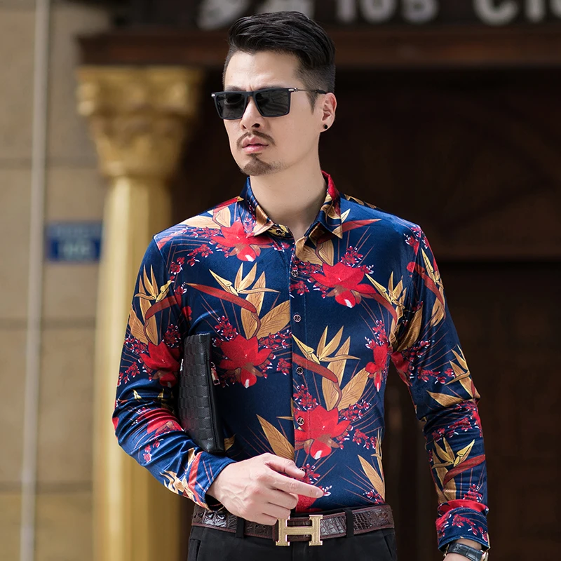 

New arrival 2018 auutmn male floral printed gold velvet dress shirt long sleeve mens velvet shirt free shipping
