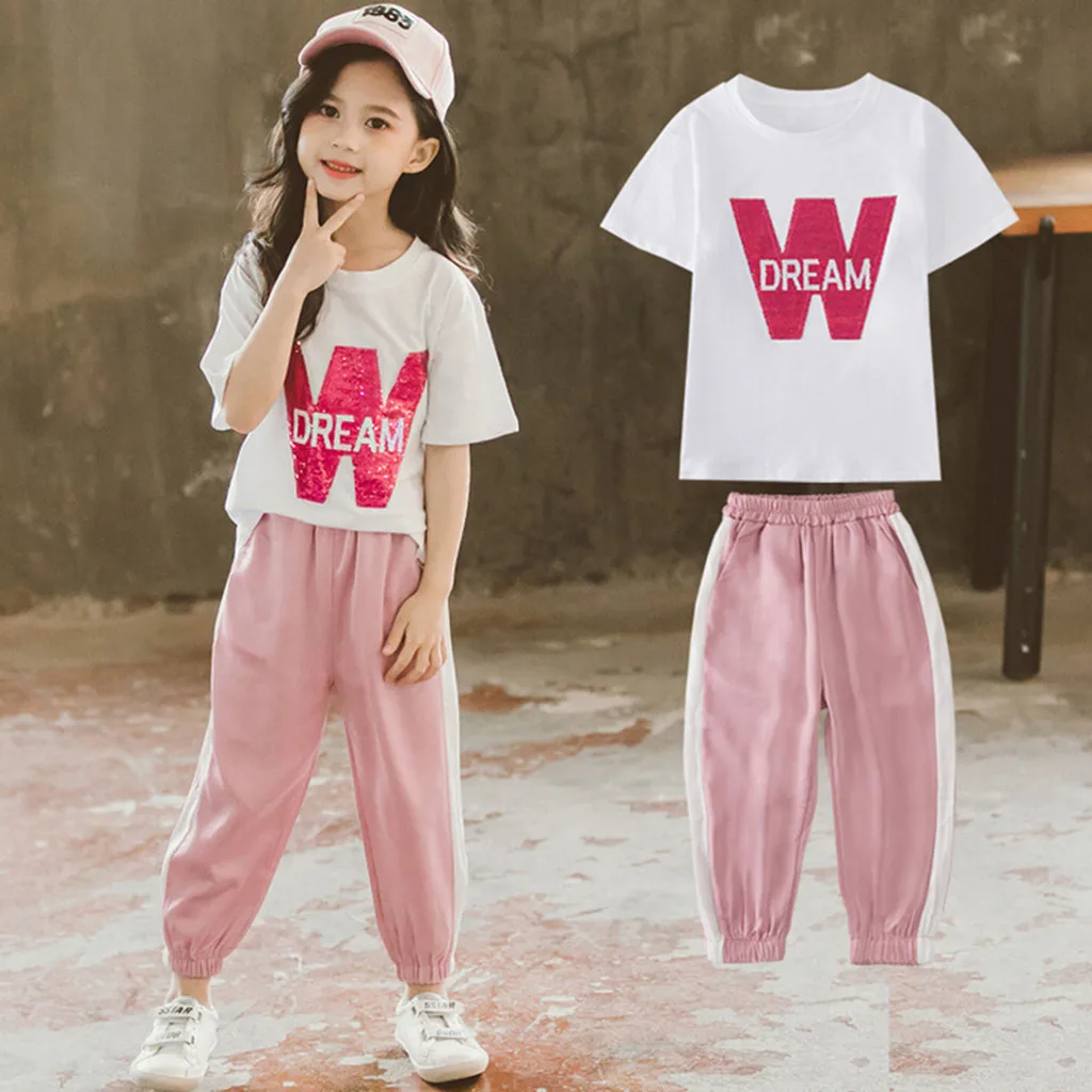 

Toddler Kids Baby Girls Casual Outfits Clothes Letter Sequins T-Shirt+Pants Set 2019 NEW Drop Shipping
