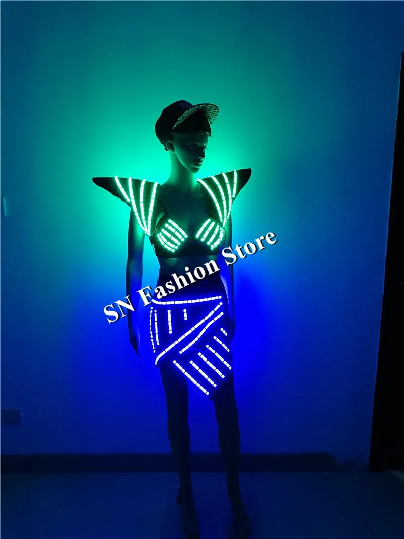 Ss2-2 яркая женские платья Сексуальная певица носит Танцы Бальные LED костюмы Подиум Этап Показывать DJ бюстгальтер юбка плеча жилет