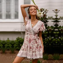 Cuerly Sexy floral print short wrap dress women Summer elegant party ruffle beach dress vestidos Female casual daily dress L5 Cuerly Sexy floral print short wrap dress women Summer elegant party ruffle beach dress vestidos Female casual daily dress L5