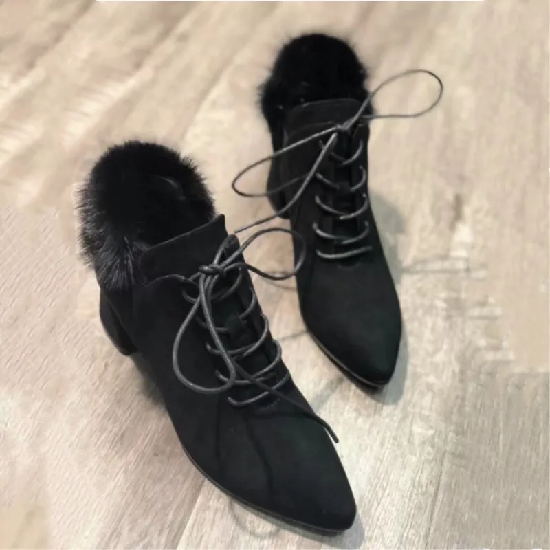 Velours Show as Boota Chaussures As Avec Dentelle Talon Épais Velvet as Gland Col Leather Doublure Cuir Vison Hiver Dames Velvet Chaud En Femmes Fourrure Bottes In De RYn4qwpC