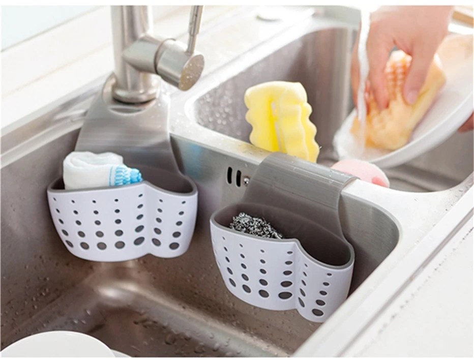 2 Sided Kitchen Sponge Drain Rack Sink Scouring Pad Hanging Storage Basket Cleaning Brush Holder Bathroom Organizer Soap Shelf6
