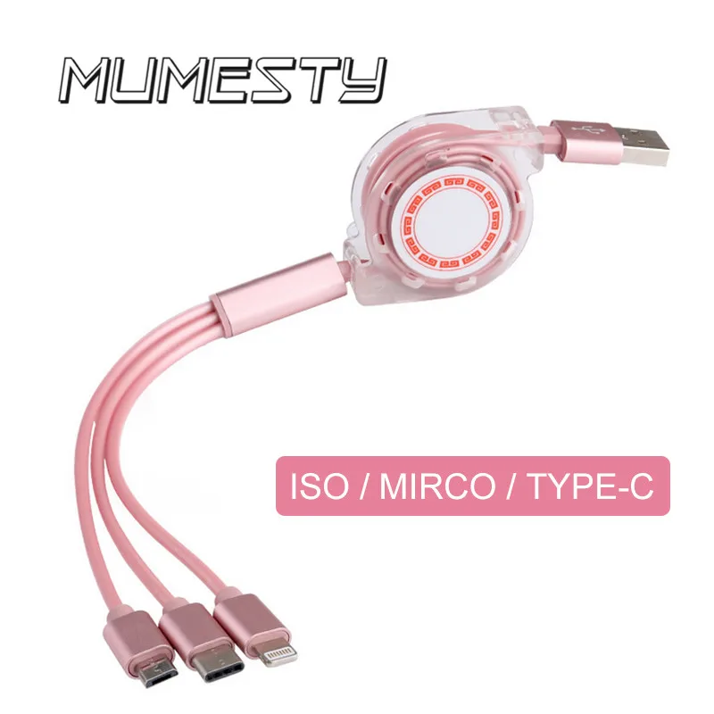 

MUMESTY 3-in-1 Rolling Cable Data Transfer Smart Phone Charging Cable Telescopic Wire Micro USB Type-C Cable for Lightning Cord
