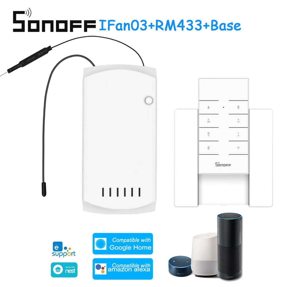 SONOFF IFan03+ RM433+ базовый потолочный контроллер вентилятора, умный переключатель контроллера с РЧ пультом дистанционного управления, WiFi потолочный светильник вентилятора, контроллер