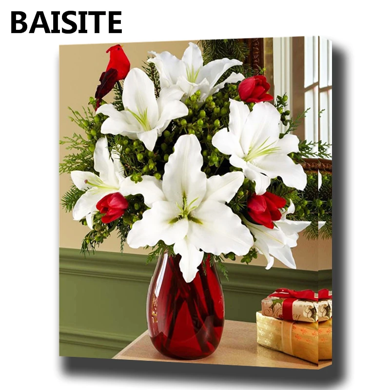 

BAISITE DIY Framed Oil Painting By Numbers Flowers Pictures Canvas Painting For Living Room Wall Art Home Decor E987