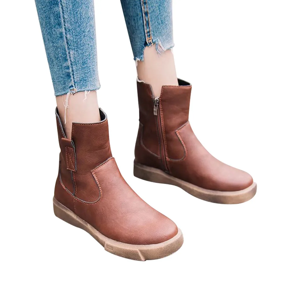

YOUYEDIAN Women leather boots women genuine heelsFlat Low Zipper Middle Tube Boots Casual Shoes Martin Boots cuissarde femme#G30