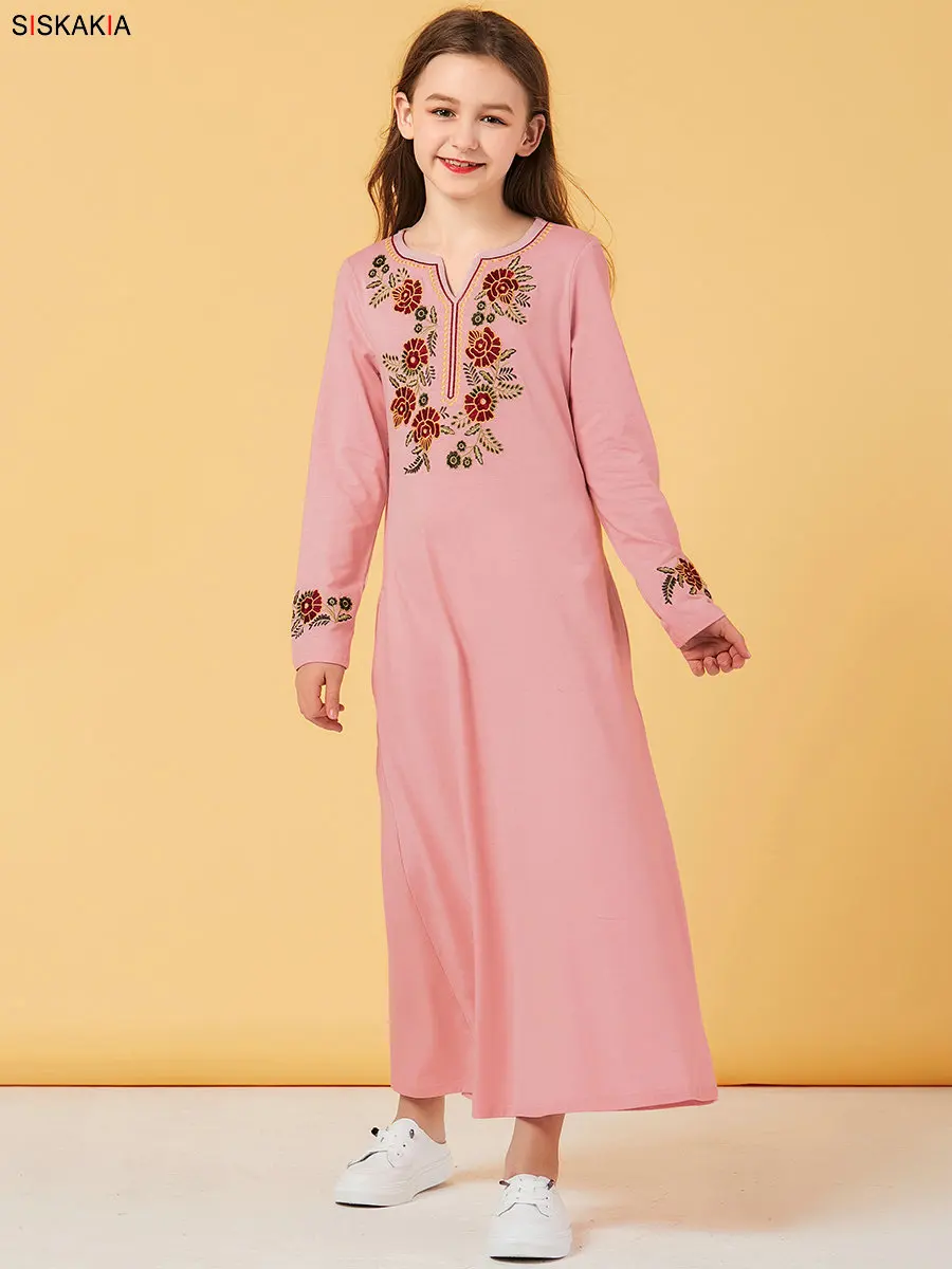 Mother Daughter Dresses Mom and me Kids Girl Pink T Shirt Long Dress Elegant Muslim Family Clothes Long Sleeve Autumn Fall