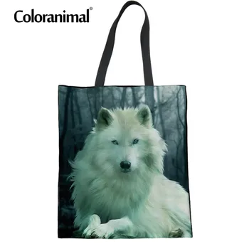

Coloranimal Shopping Bag Reusable Handbags Shop Cotton Tote Bag Cool White Wolf Print Fold Linen Women Shoulder Bag Dropshipping